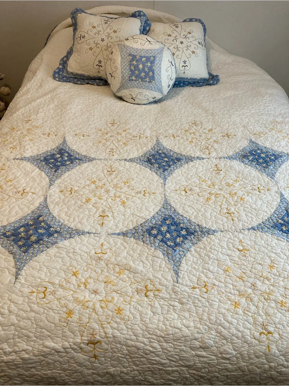 Blue & White Embroidered Patchwork Quilt Set